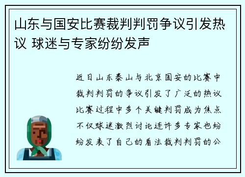 山东与国安比赛裁判判罚争议引发热议 球迷与专家纷纷发声